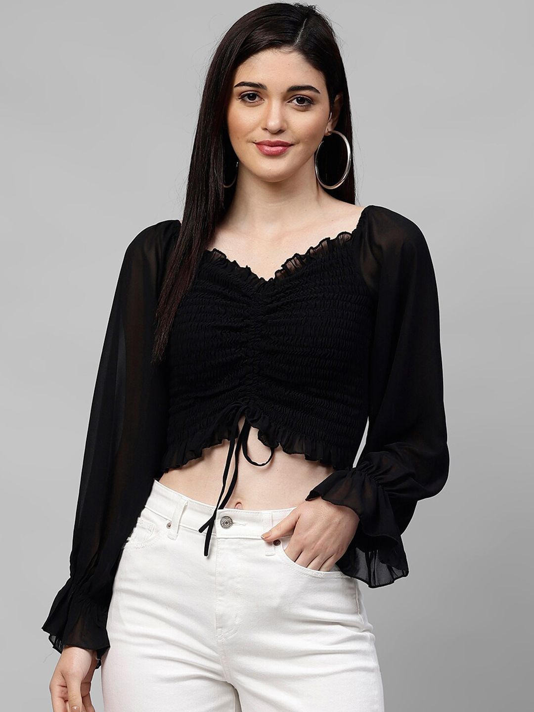 Athena Black Bell Sleeves Georgette Crop Top