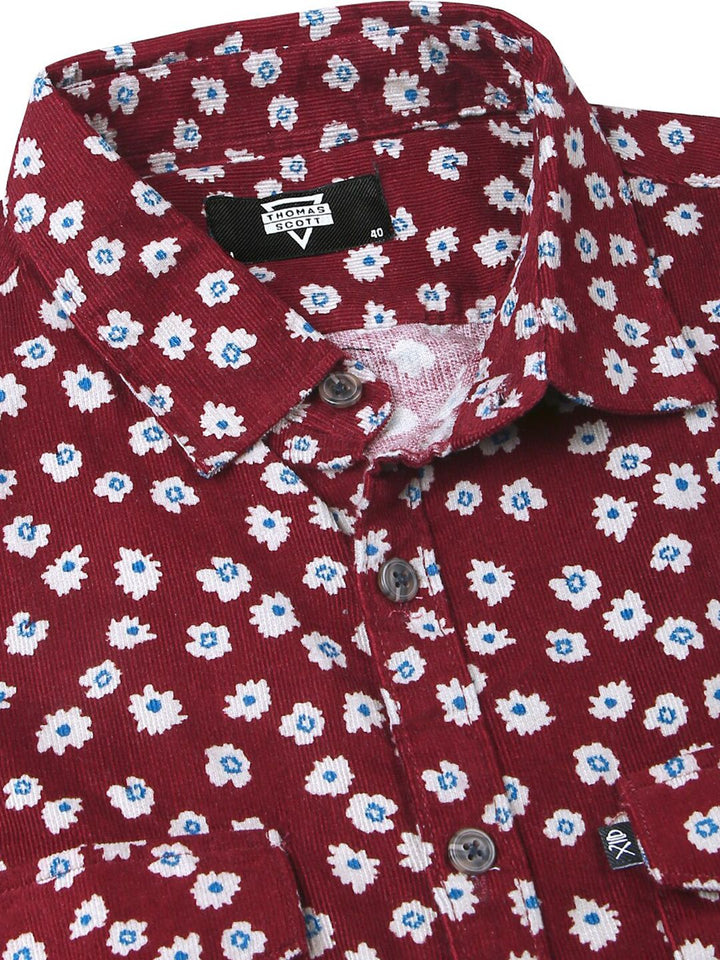 Thomas Scott Standard Slim Fit Floral Printed Pure Cotton Corduroy Casual Shirt