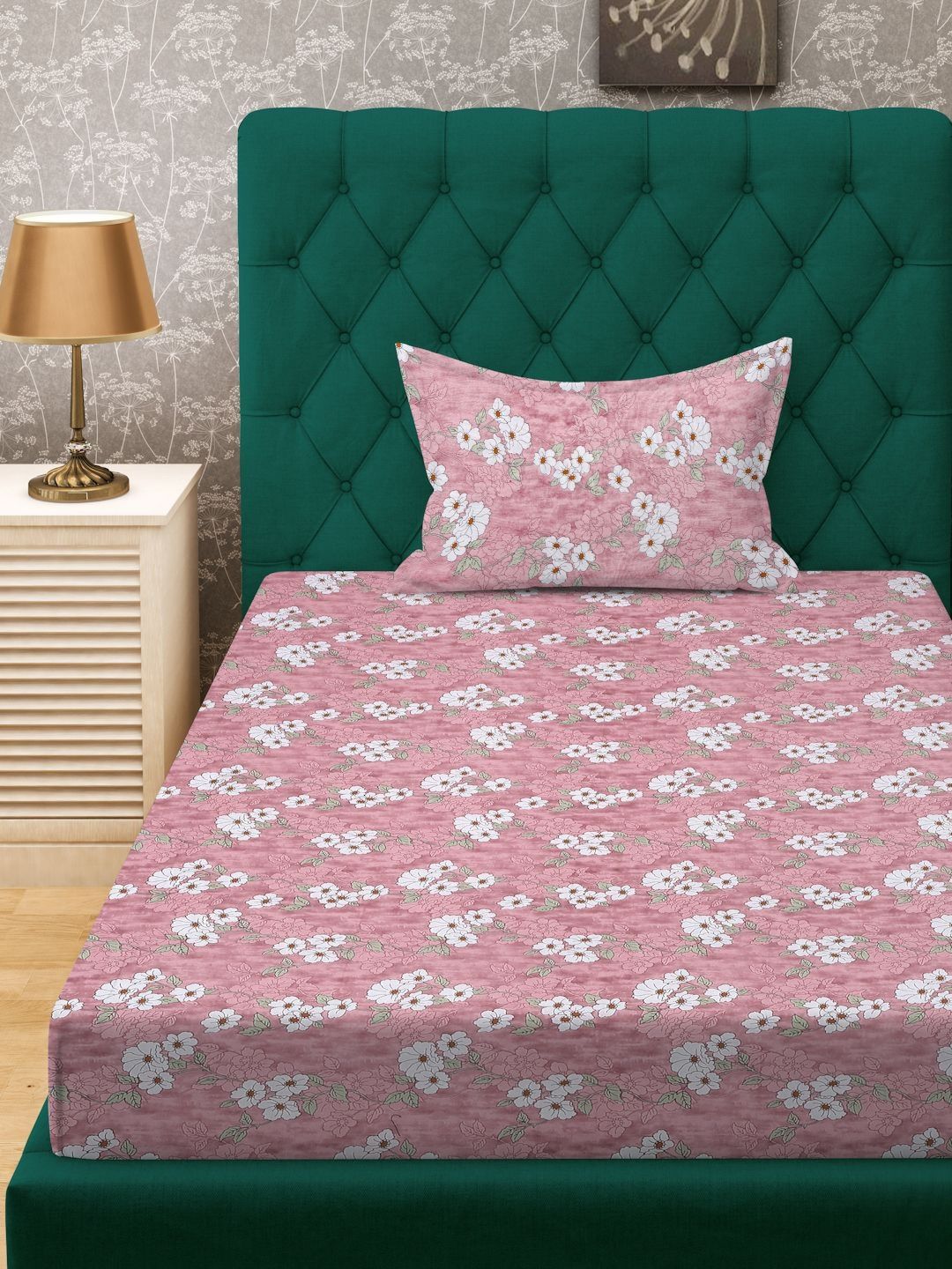KLOTTHE Pink Printed Pure Cotton 400TC Single Fitted Bedsheet Set
