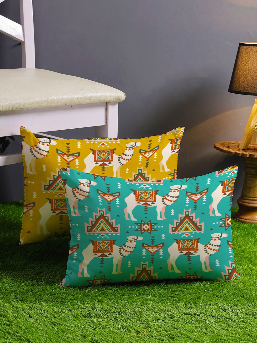 STITCHNEST Yellow & Turquoise Blue Set of 2 Ethnic Motifs Rectangle Cushion Covers
