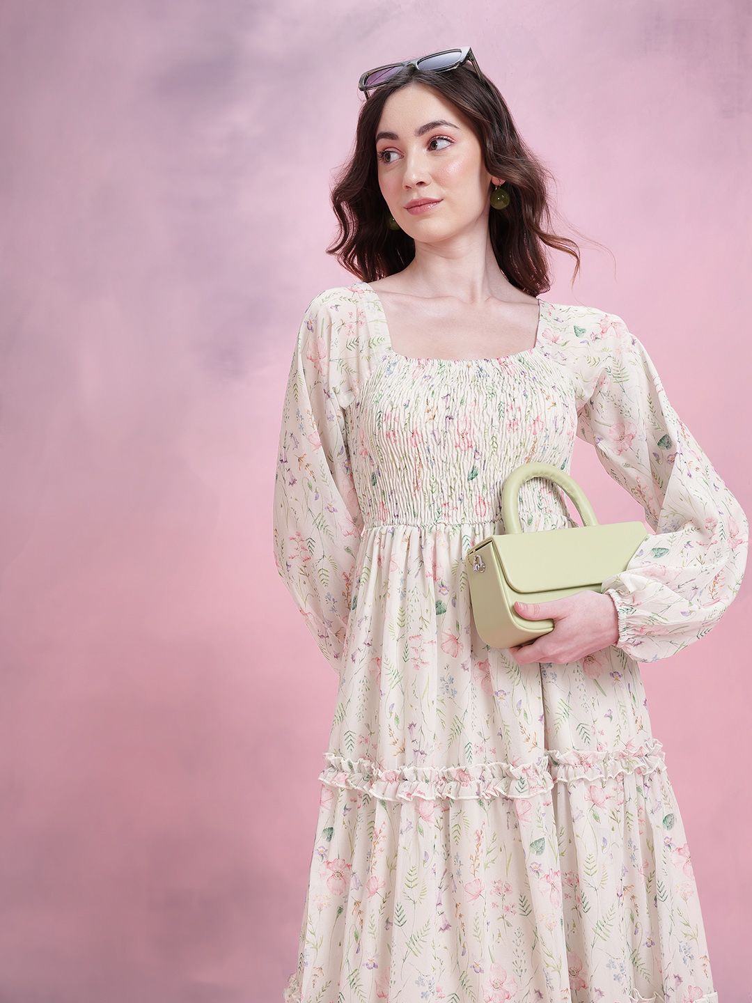 DressBerry Floral Print Tiered A-Line Midi Dress
