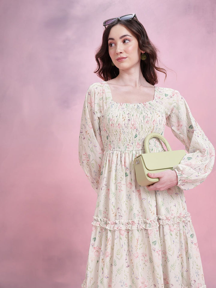 DressBerry Floral Print Tiered A-Line Midi Dress