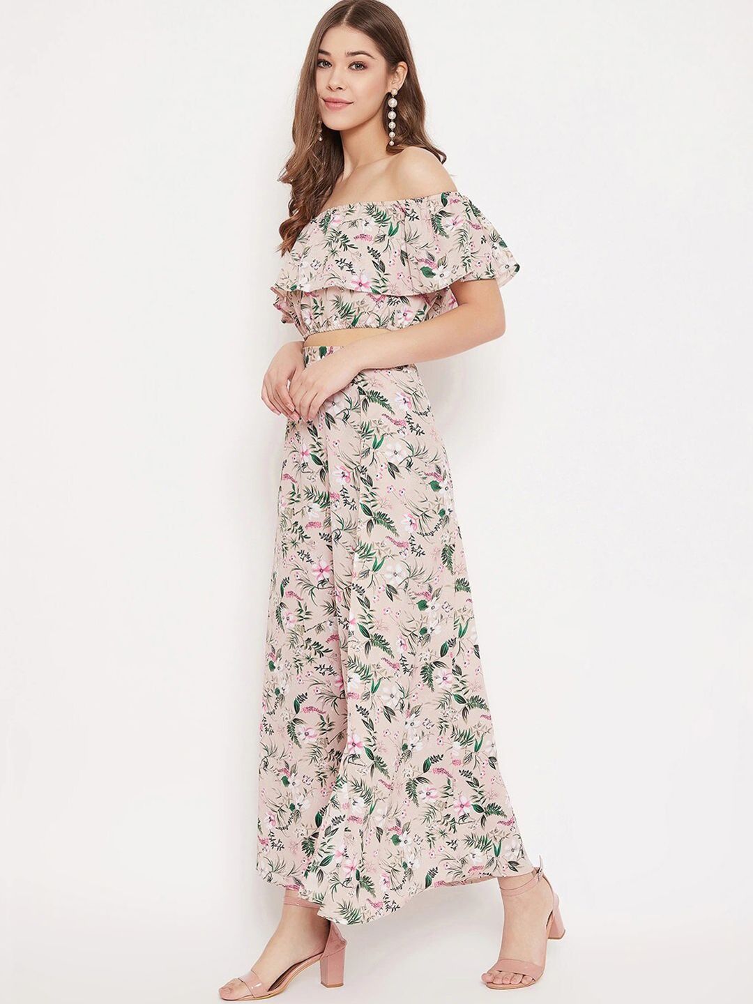 Berrylush Women Beige & Green Printed Top with Skirt