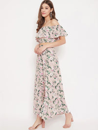 Berrylush Women Beige & Green Printed Top with Skirt