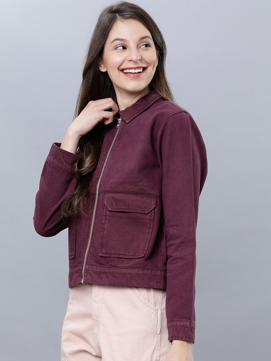 Tokyo Talkies Women Burgundy Solid Denim Jacket