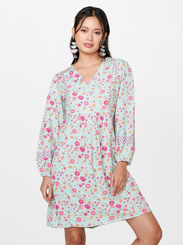 Global Desi Floral Printed Puff Sleeves A-Line Dress