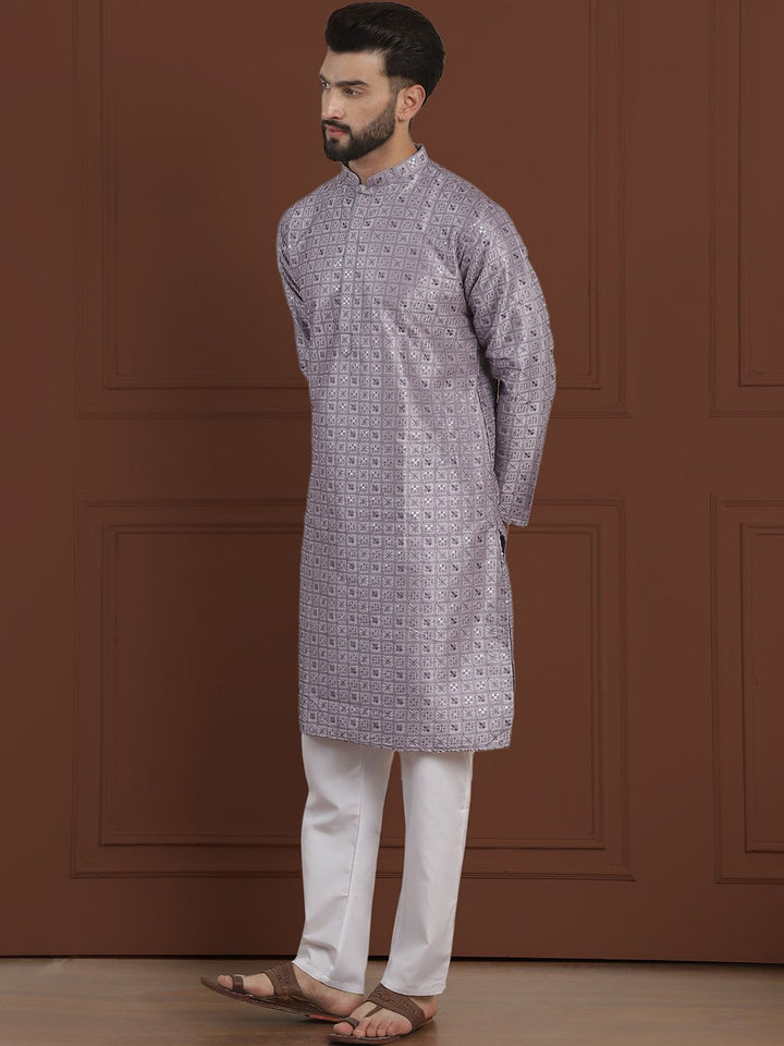 SOJANYA LUXE Ethnic Motifs Embroidered Mandarin Collar Straight Cotton Silk Kurta & Pyjama