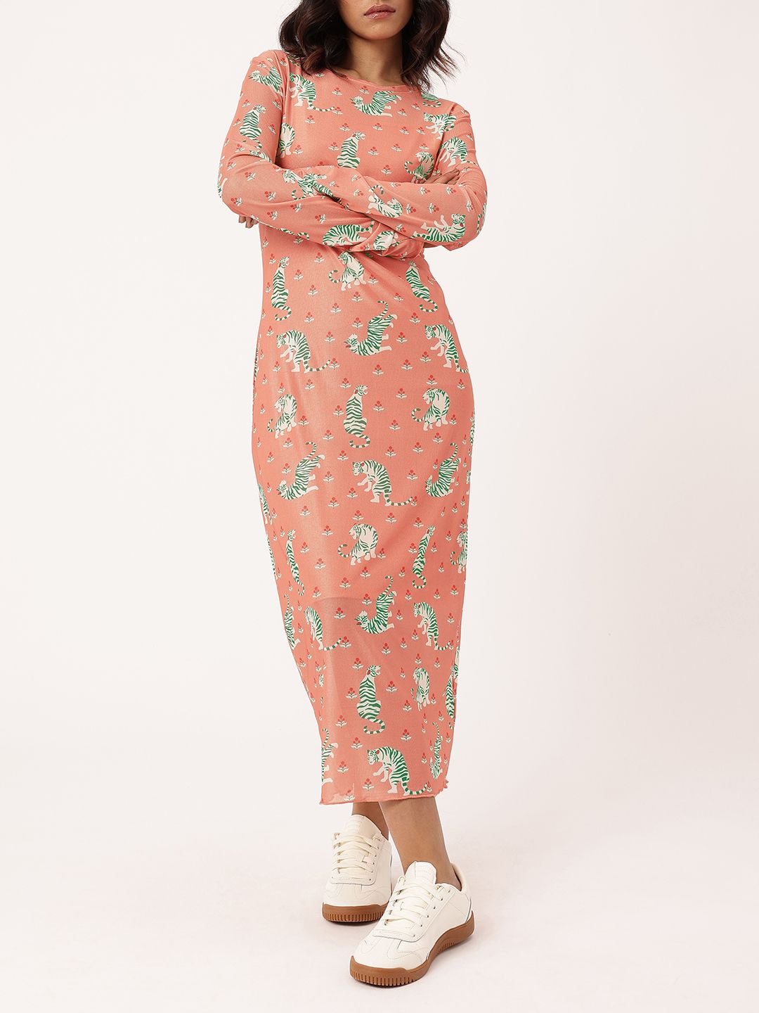DressBerry Girly Girl Soft Net Graphic Printed Sheath Midi Dress Comes With Inner Slip