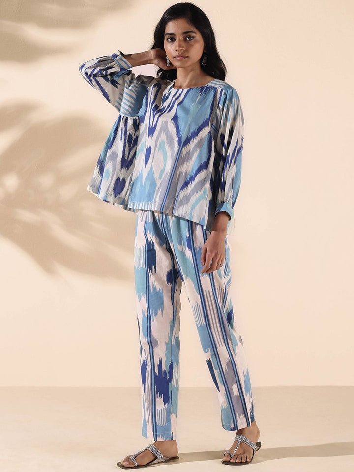 trueBrowns Malang Ikat Printed Pure Cotton V-Neck Top With Trousers