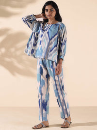 trueBrowns Malang Ikat Printed Pure Cotton V-Neck Top With Trousers