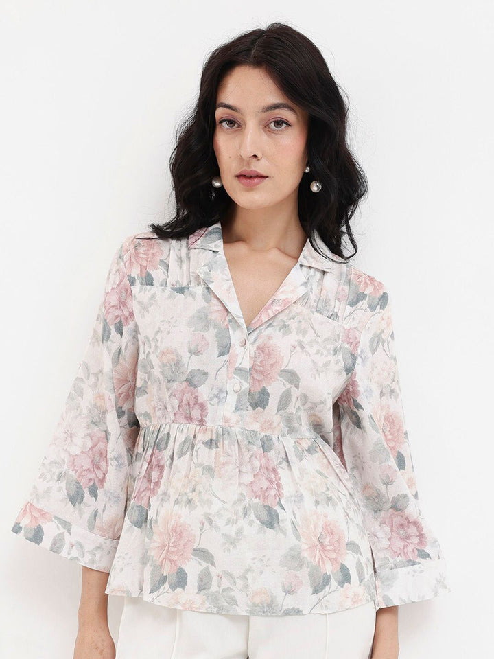 Rareism Floral Printed Cuba Collar Bell Cotton Top Cotton