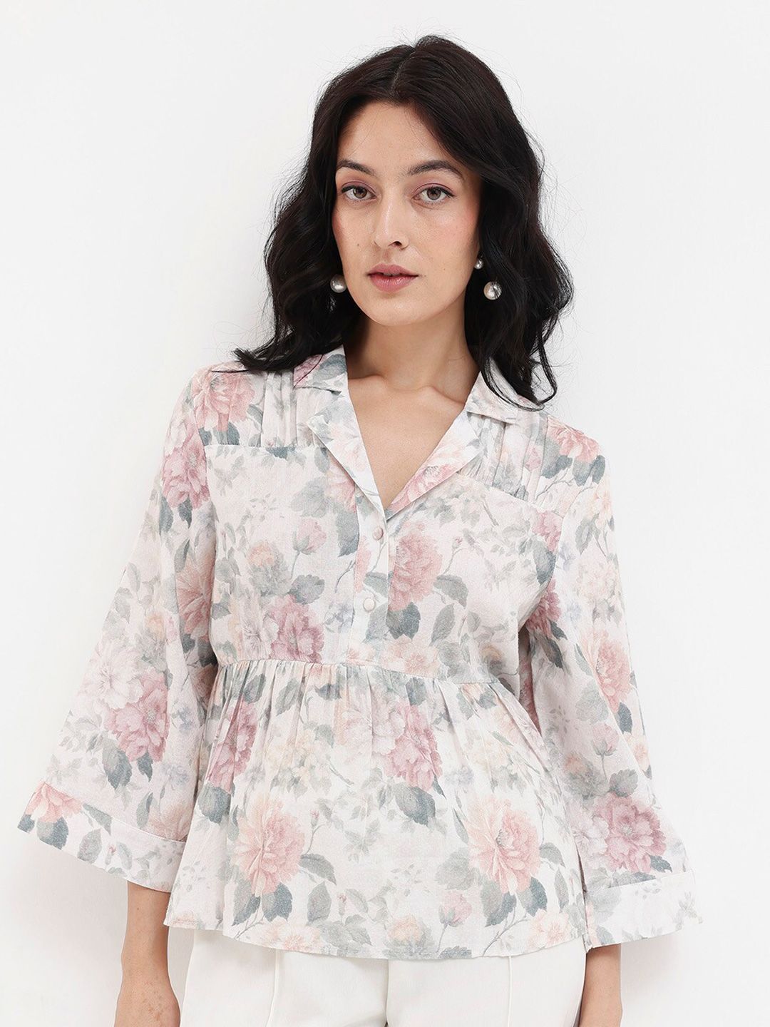 Rareism Floral Printed Cuba Collar Bell Cotton Top Cotton