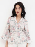 Rareism Floral Printed Cuba Collar Bell Cotton Top Cotton