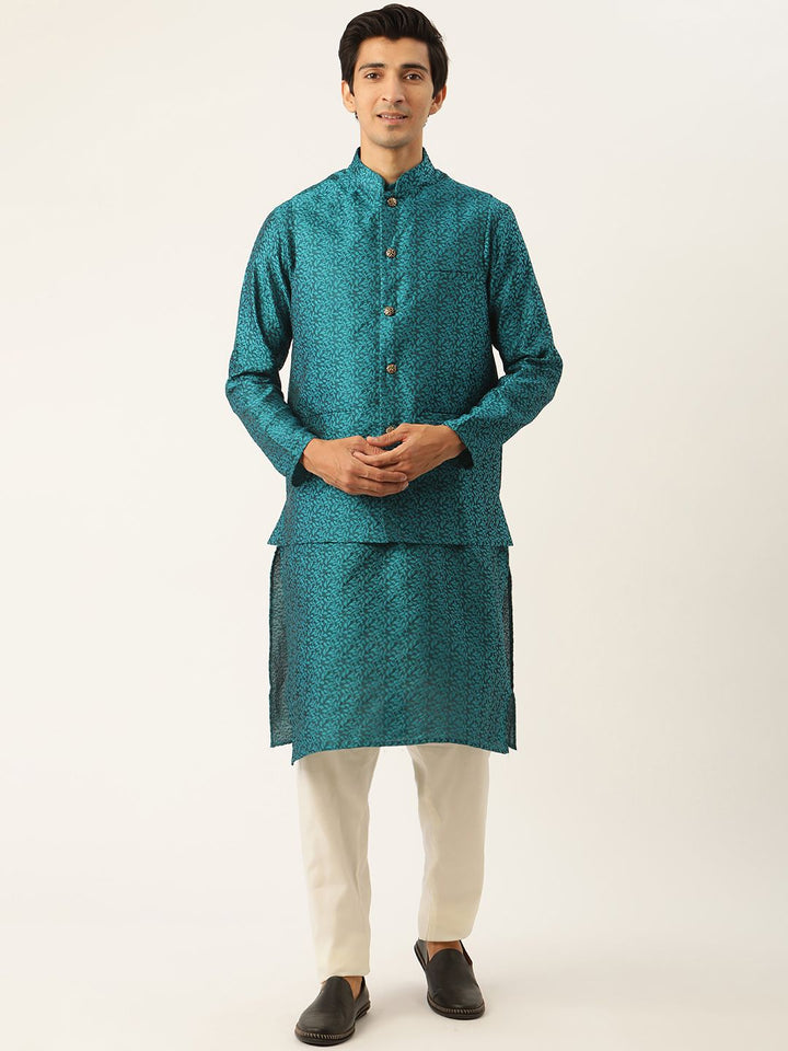 SOJANYA Men Teal Floral Kurta with Churidar & Nehru Jacket