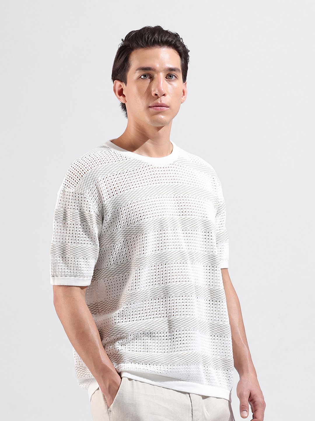 The Indian Garage Co Men Flat Knit Oversized Fit Striped T-Shirt