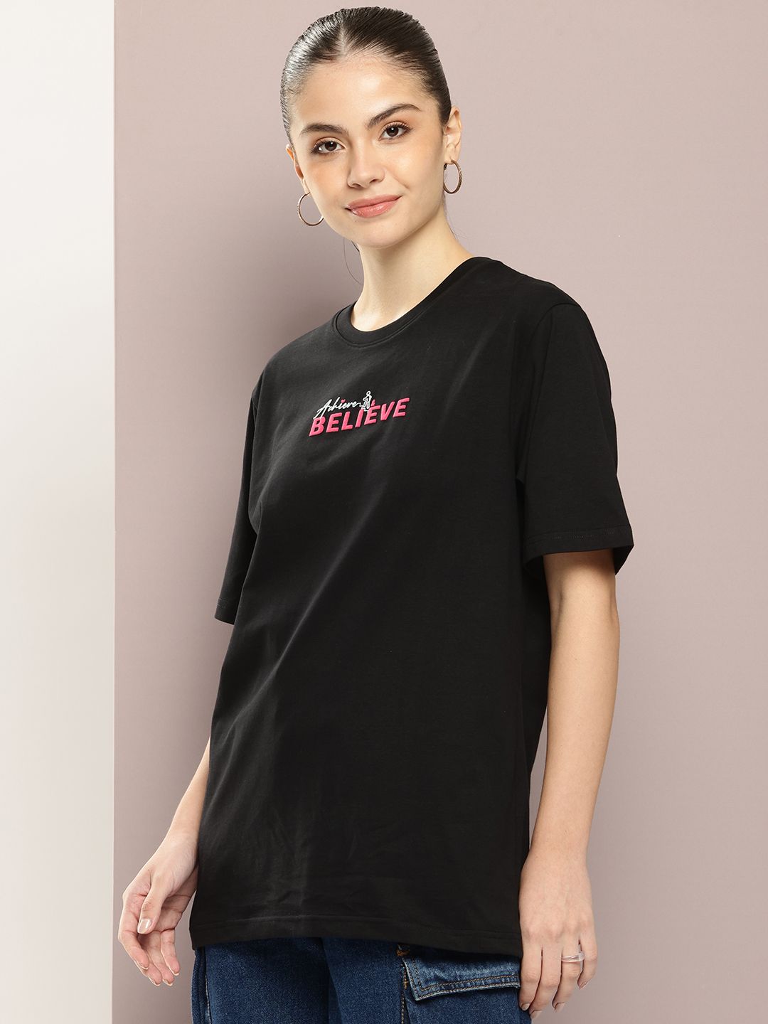 DILLINGER Women Typography Printed Embossed Oversized T-shirt