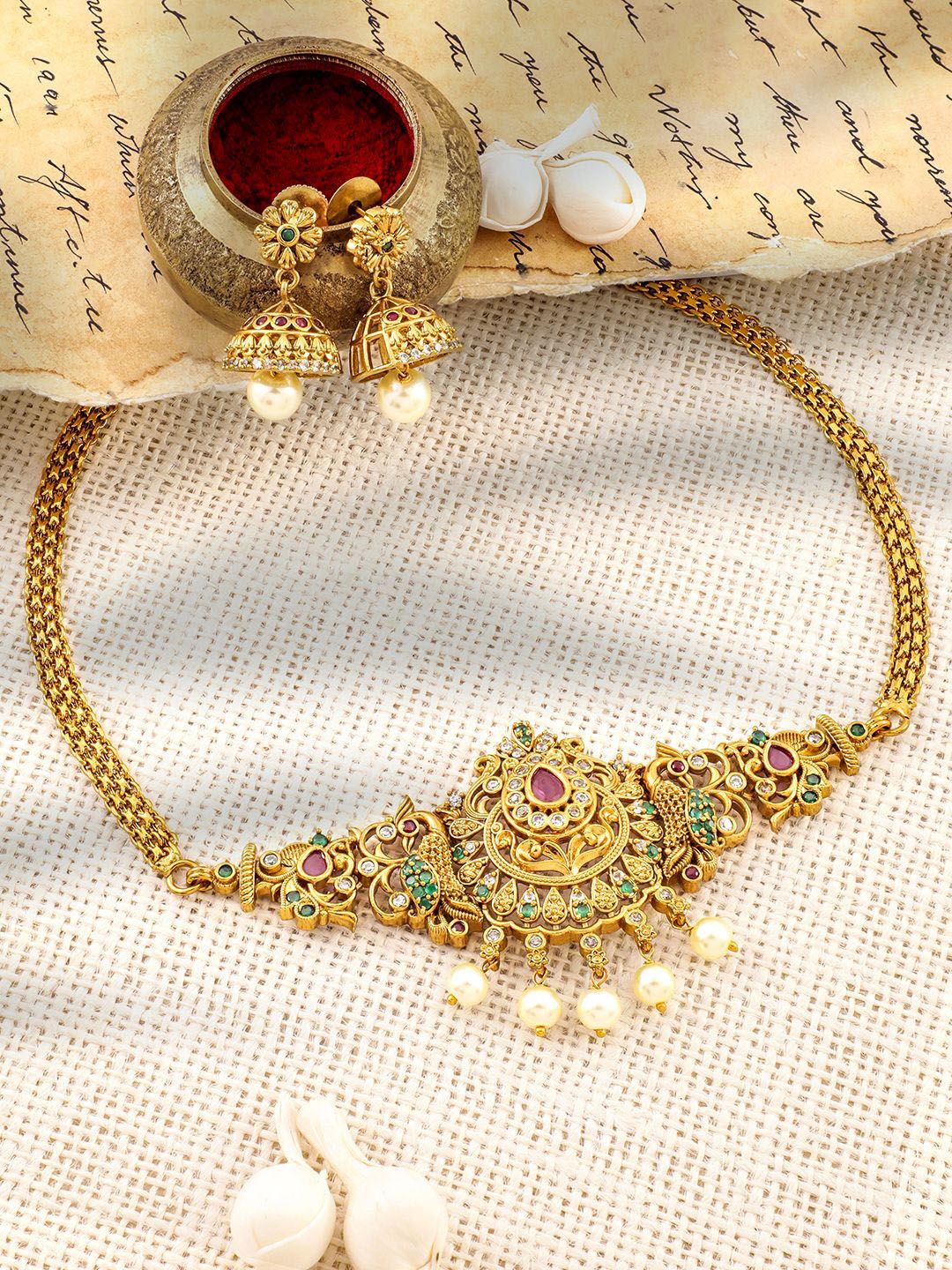 Rubans 22K Gold-Plated Ruby, Emerald & Cubic Zirconia Studded Choker Set with Pearl Drops