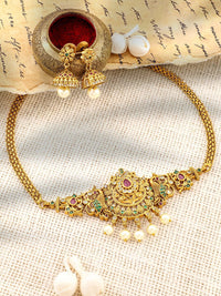 Rubans 22K Gold-Plated Ruby, Emerald & Cubic Zirconia Studded Choker Set with Pearl Drops