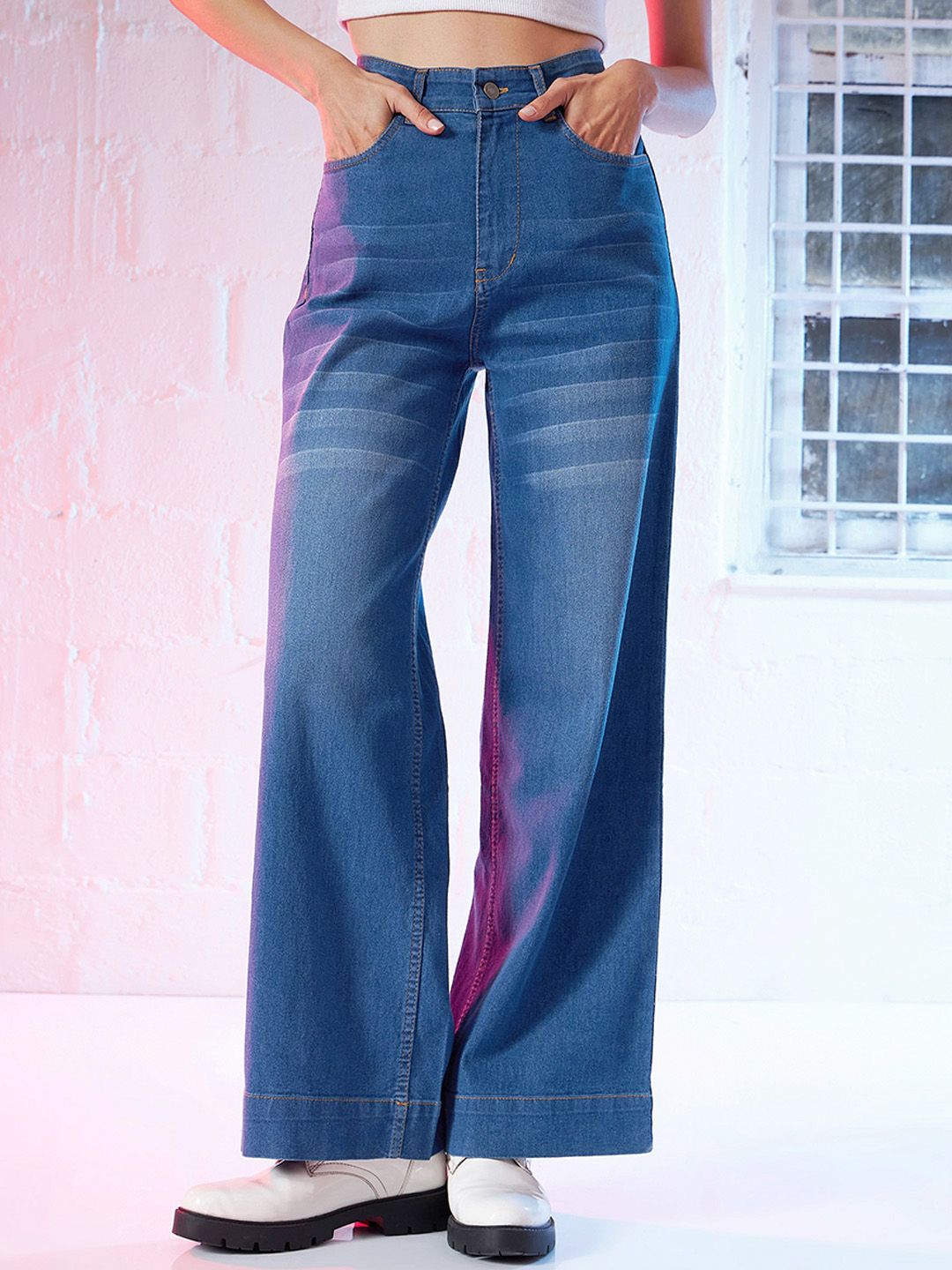 SASSAFRAS Women High Rise Comfort Wide Leg Stretchable Jeans
