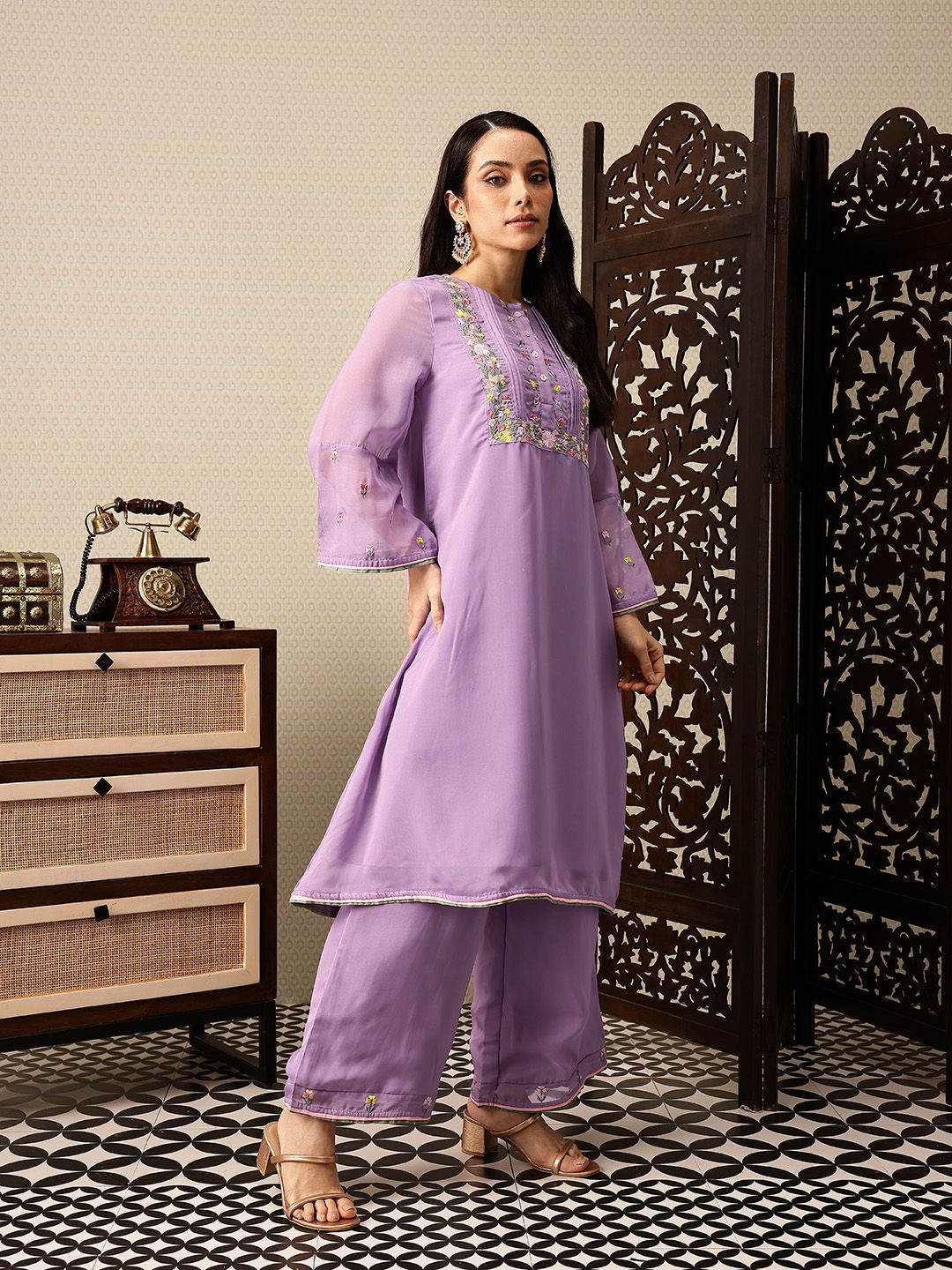House of Pataudi Floral Yoke Design Thread Work Jashn A-Line Kurta with Palazzos & Dupatta