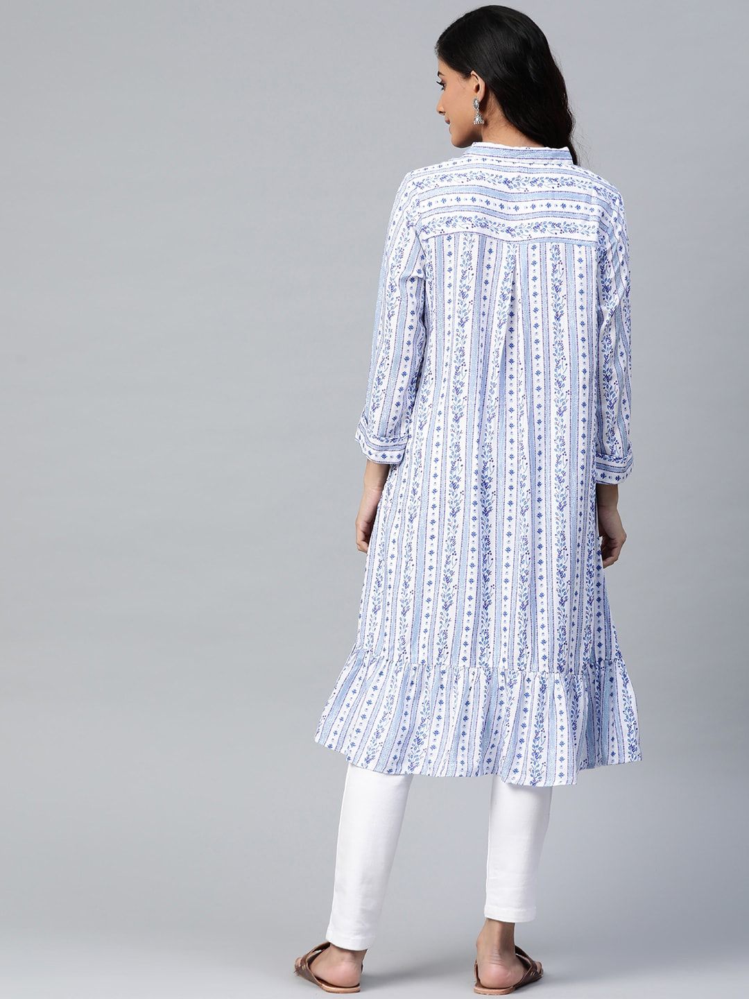 Global Desi Women White & Blue Striped Roll-Up Sleeves A-Line Kurta