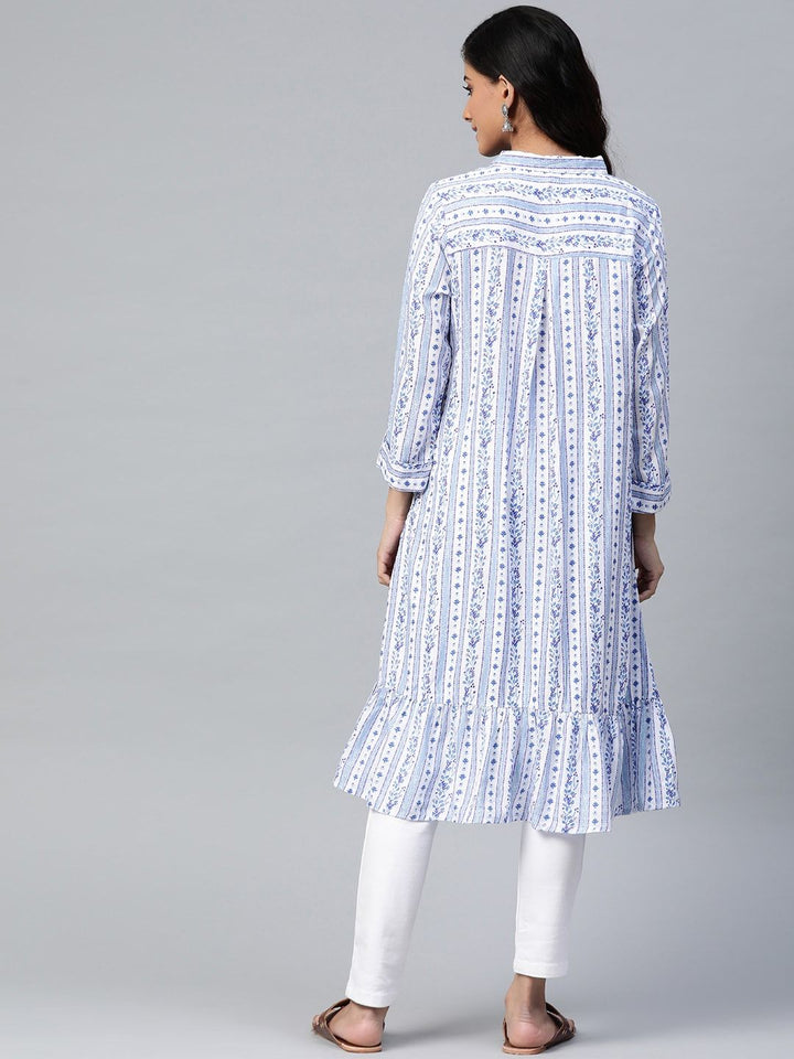 Global Desi Women White & Blue Striped Roll-Up Sleeves A-Line Kurta