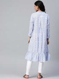 Global Desi Women White & Blue Striped Roll-Up Sleeves A-Line Kurta