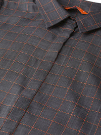 Gerua By Libas Women Charcoal Grey  Orange Checked Pathani Kurta