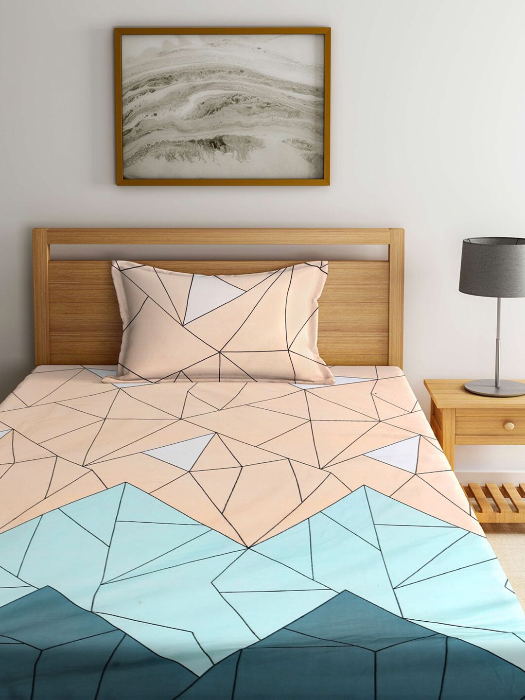 KLOTTHE Multicoloured Geometric 300 TC Fitted Single Bedsheet with 1 Pillow Cover