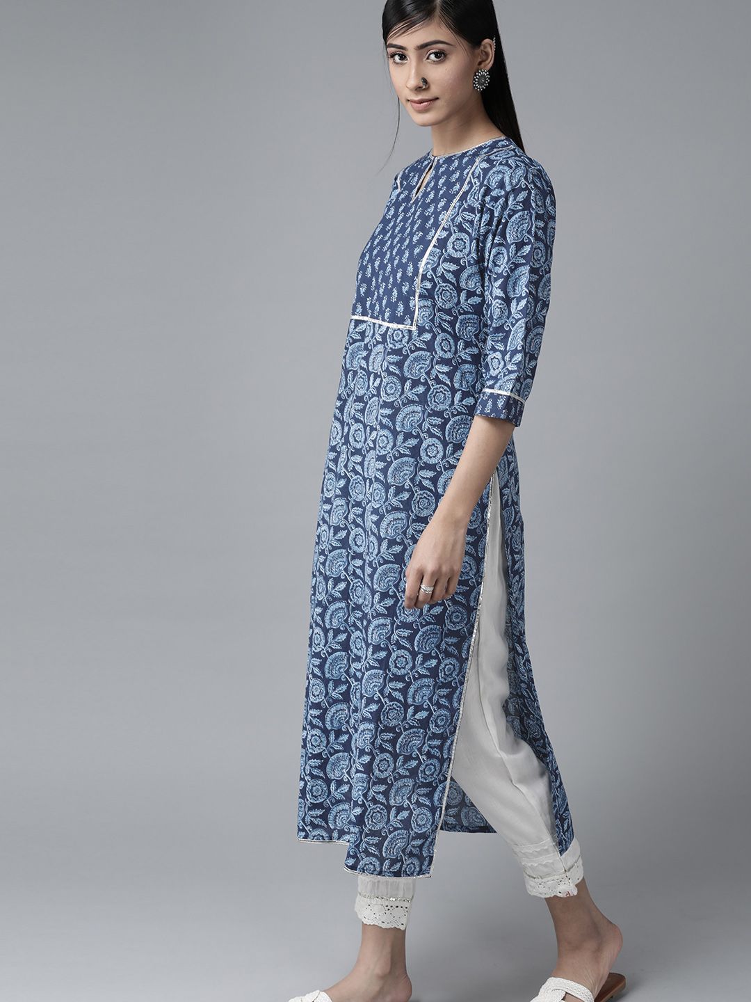 Libas Women Blue Floral Printed Keyhole Neck Gotta Patti Kurta
