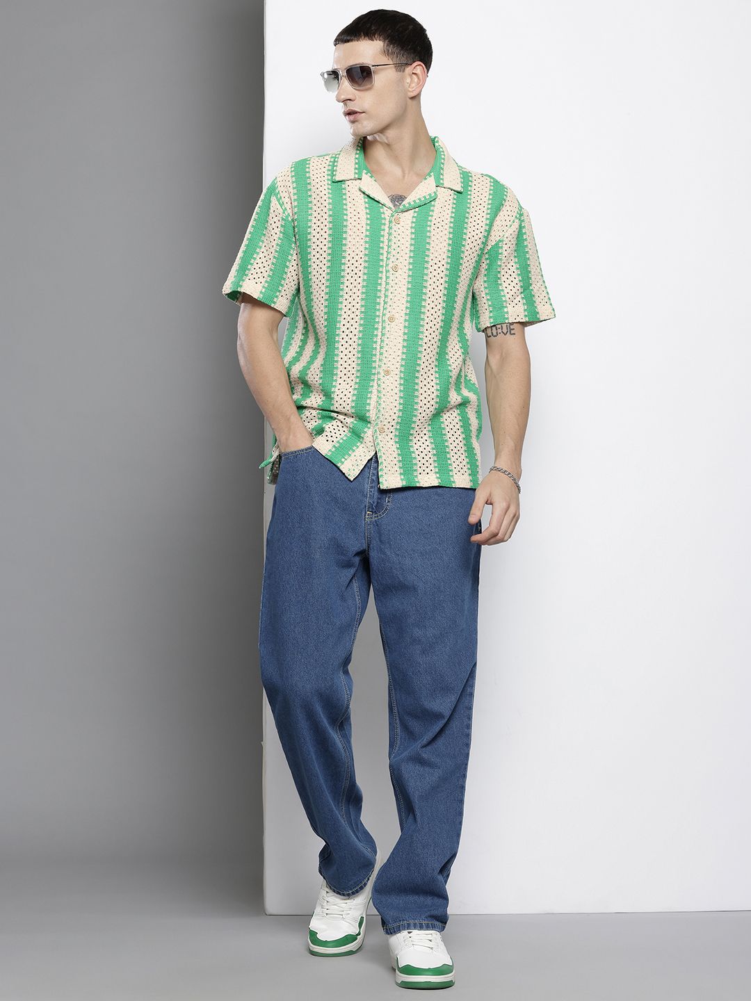 The Indian Garage Co Men Textured Open Weave Knitted Relaxed Fit Shirt