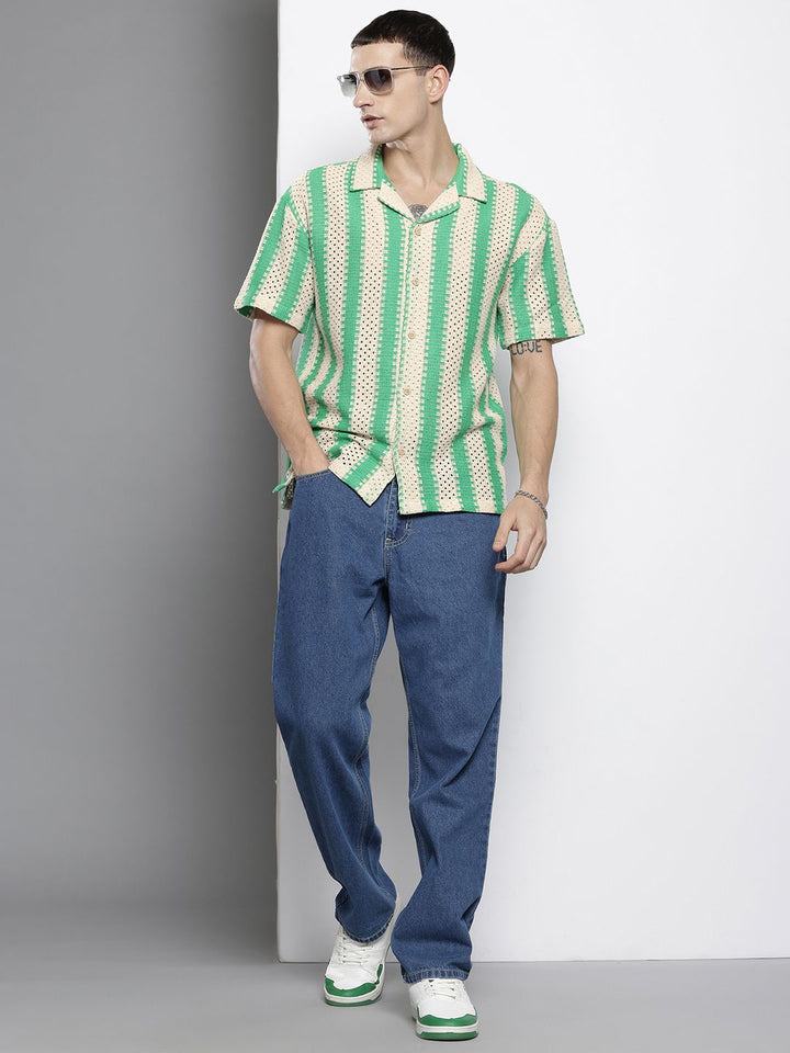 The Indian Garage Co Men Textured Open Weave Knitted Relaxed Fit Shirt