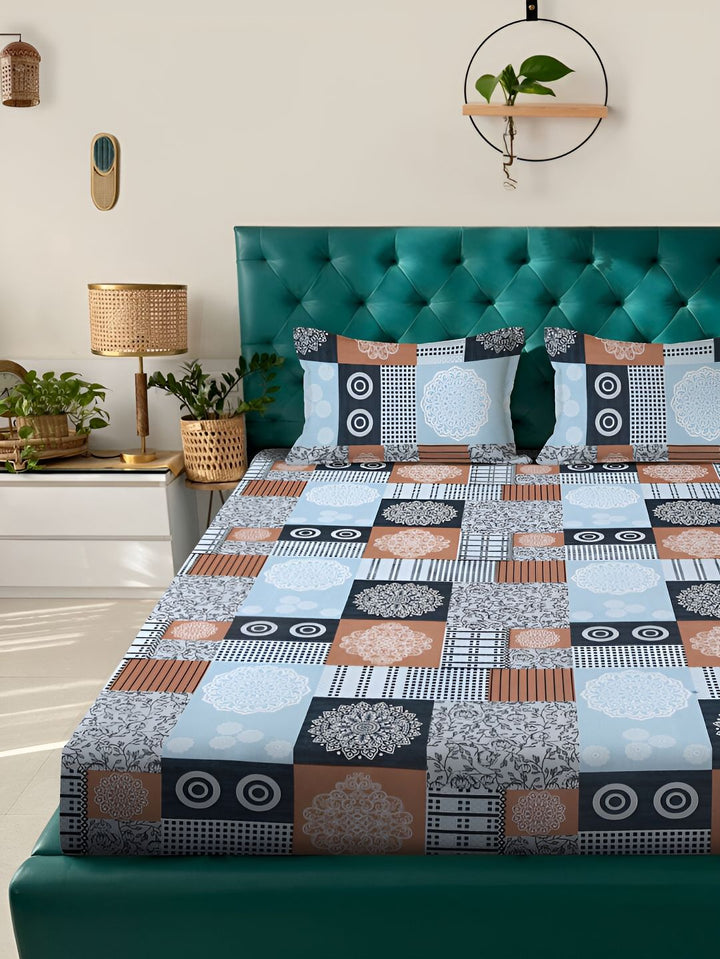 KLOTTHE Blue Ethnic Motifs Cotton 300 TC King Fine Bedsheet with 2 Pillow Covers-98 x 89 inches