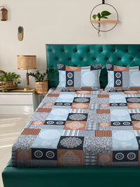 KLOTTHE Blue Ethnic Motifs Cotton 300 TC King Fine Bedsheet with 2 Pillow Covers-98 x 89 inches
