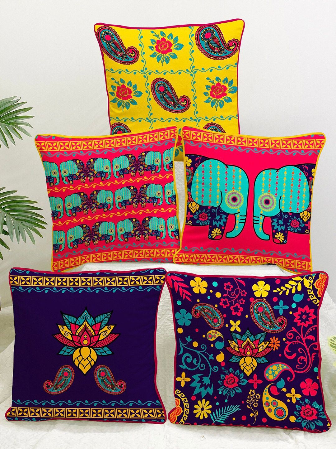 STITCHNEST Yellow & Blue Set of 5 Ethnic Motifs Velvet Square Cushion Covers