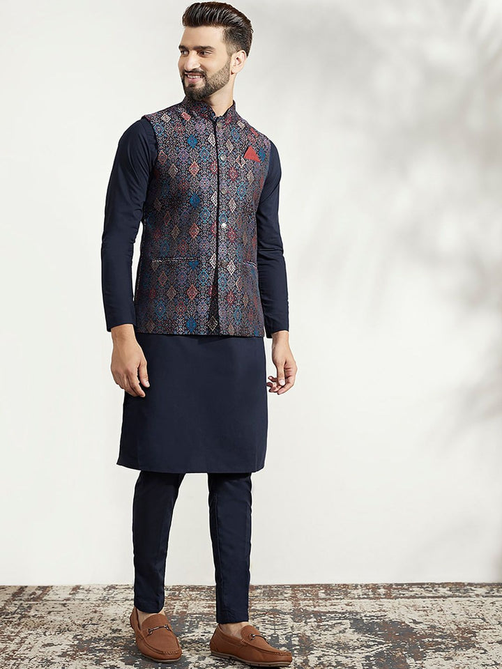 KISAH Men Woven Jacquard Regular Fit Ethnic Motifs Kurta Jacket Trouser Set