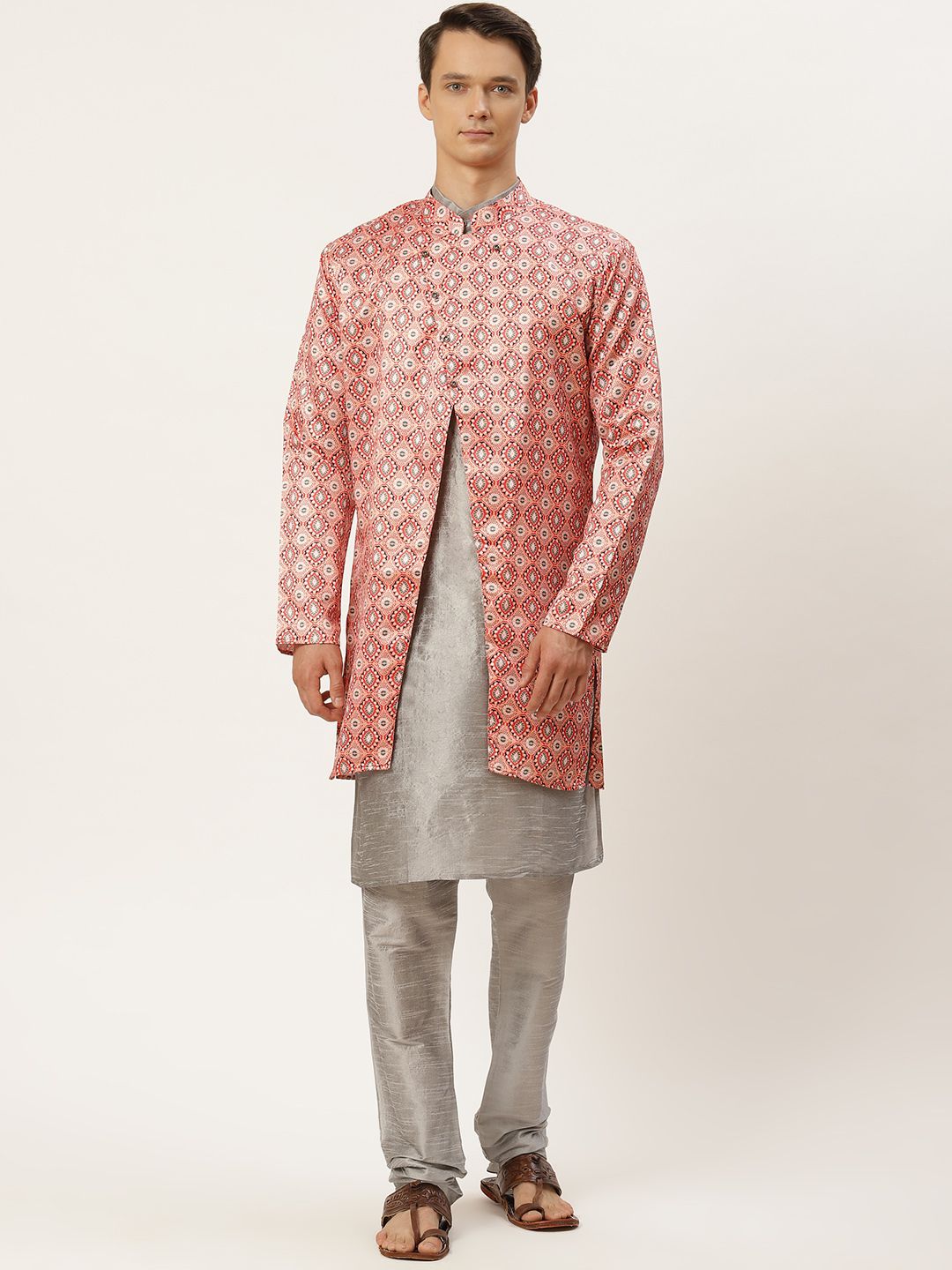 SOJANYA Men Grey Kurta with Churidar With Jacket
