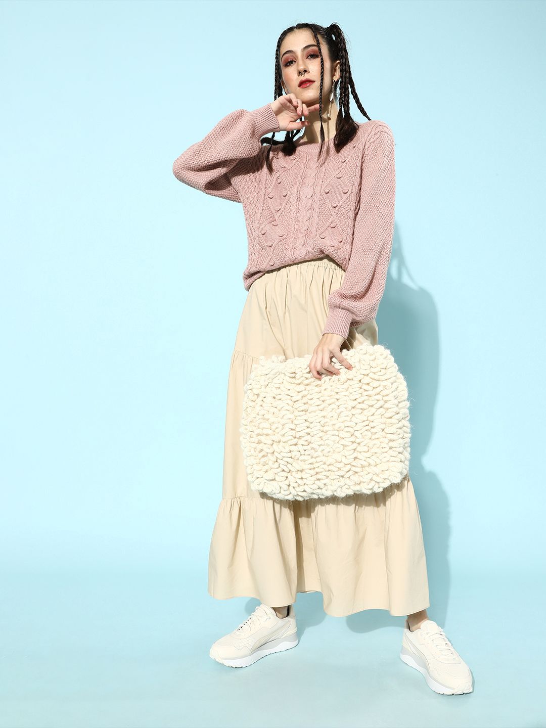 STREET 9 Women Nude-Coloured Cable Knit Pullover Sweater
