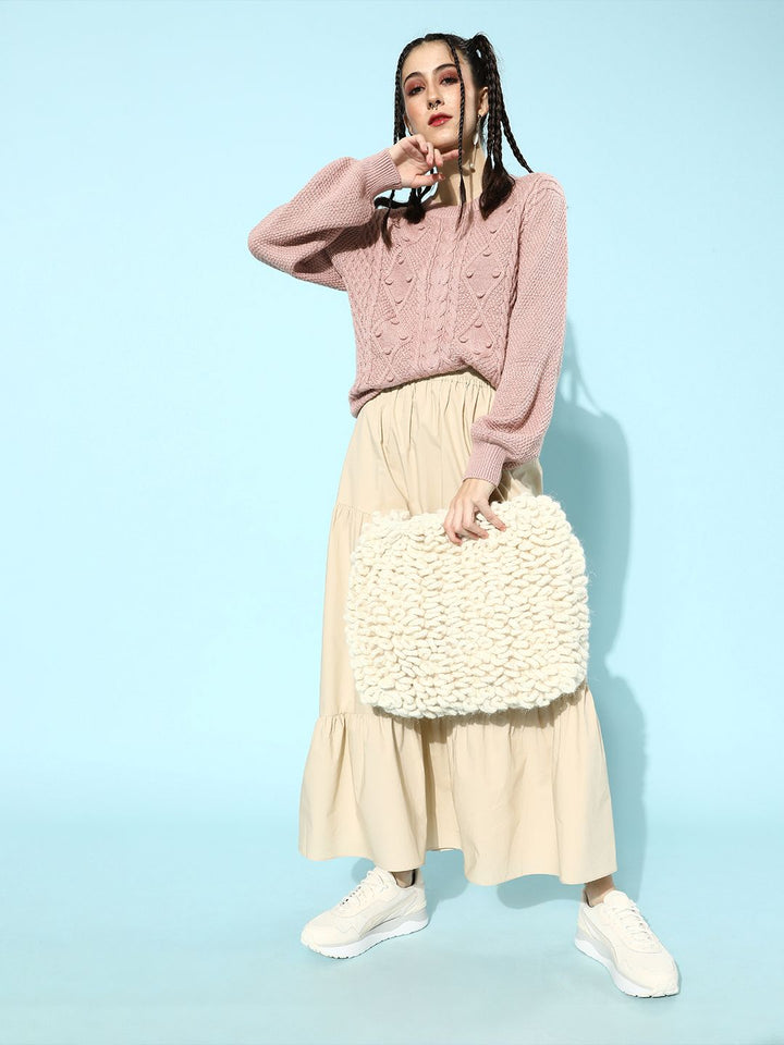 STREET 9 Women Nude-Coloured Cable Knit Pullover Sweater