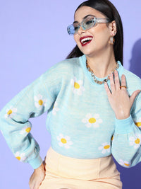 Berrylush Women Blue Floral Knits Bits Sweater