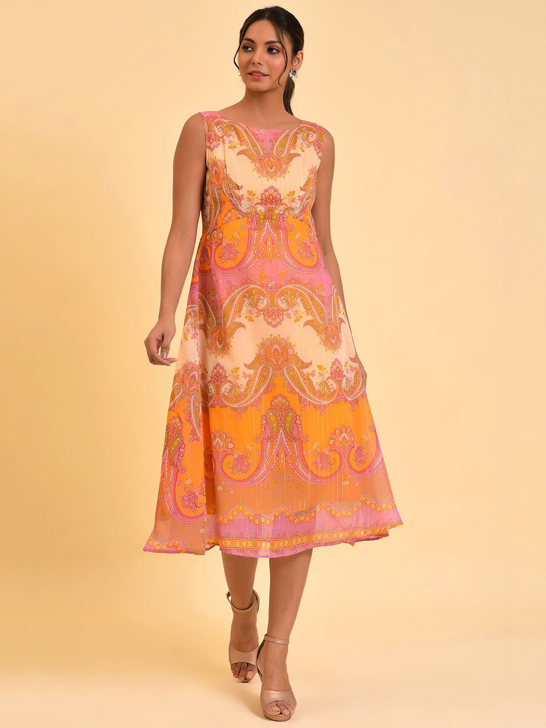 W Orange Ethnic Motifs Printed A-Line Midi Dress
