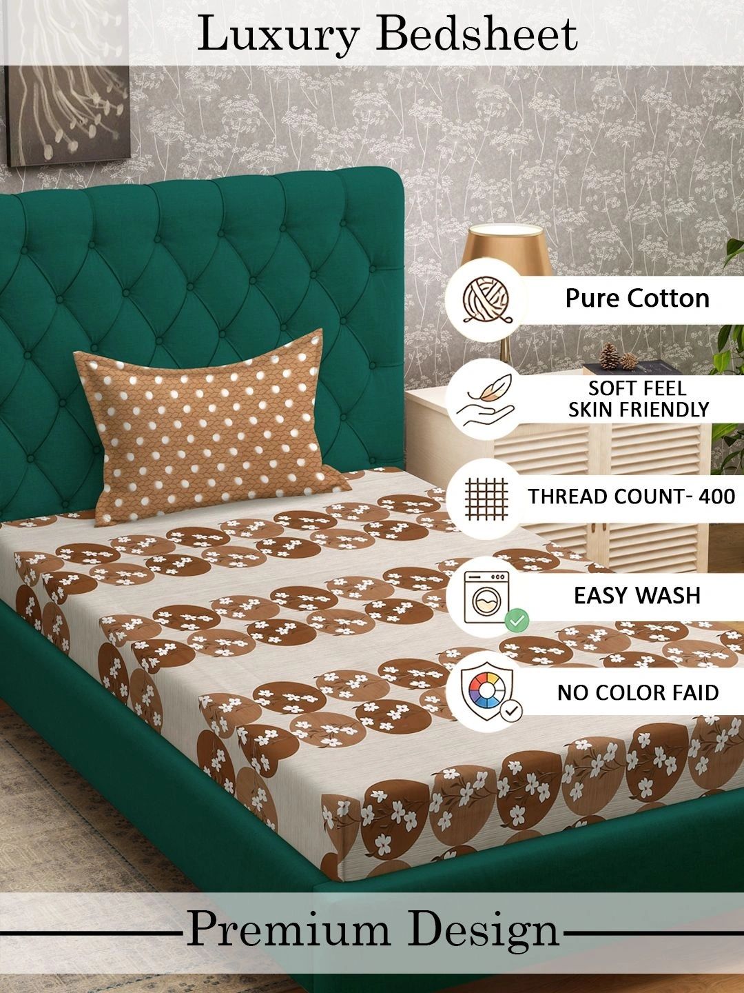 Myntra Elegant Homes Brown Floral 400 TC Single Bedsheet with 1 Pillow Covers