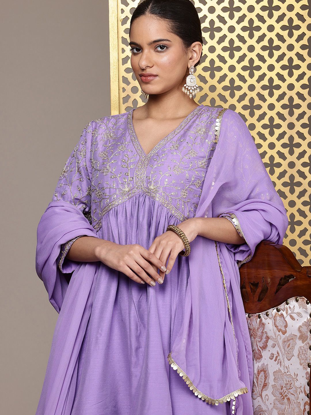 House of Pataudi Embroidered Empire Thread Work Jashn Kurta & Palazzos with Dupatta