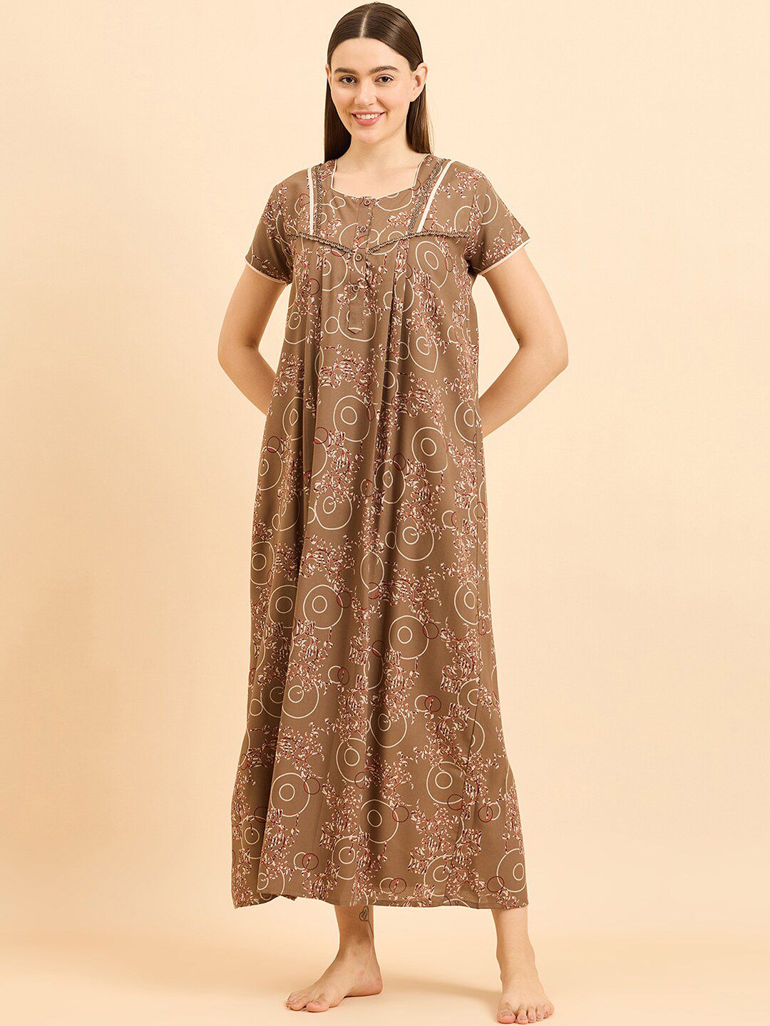 Sweet Dreams Brown Pure Cotton Printed Maxi Nightdress