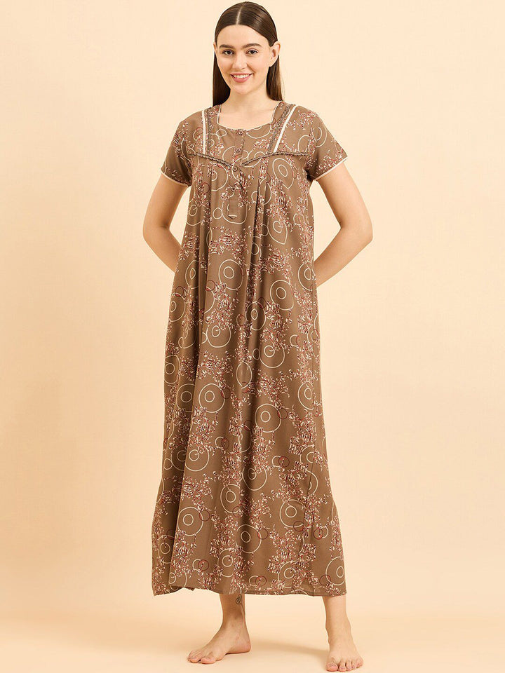 Sweet Dreams Brown Pure Cotton Printed Maxi Nightdress