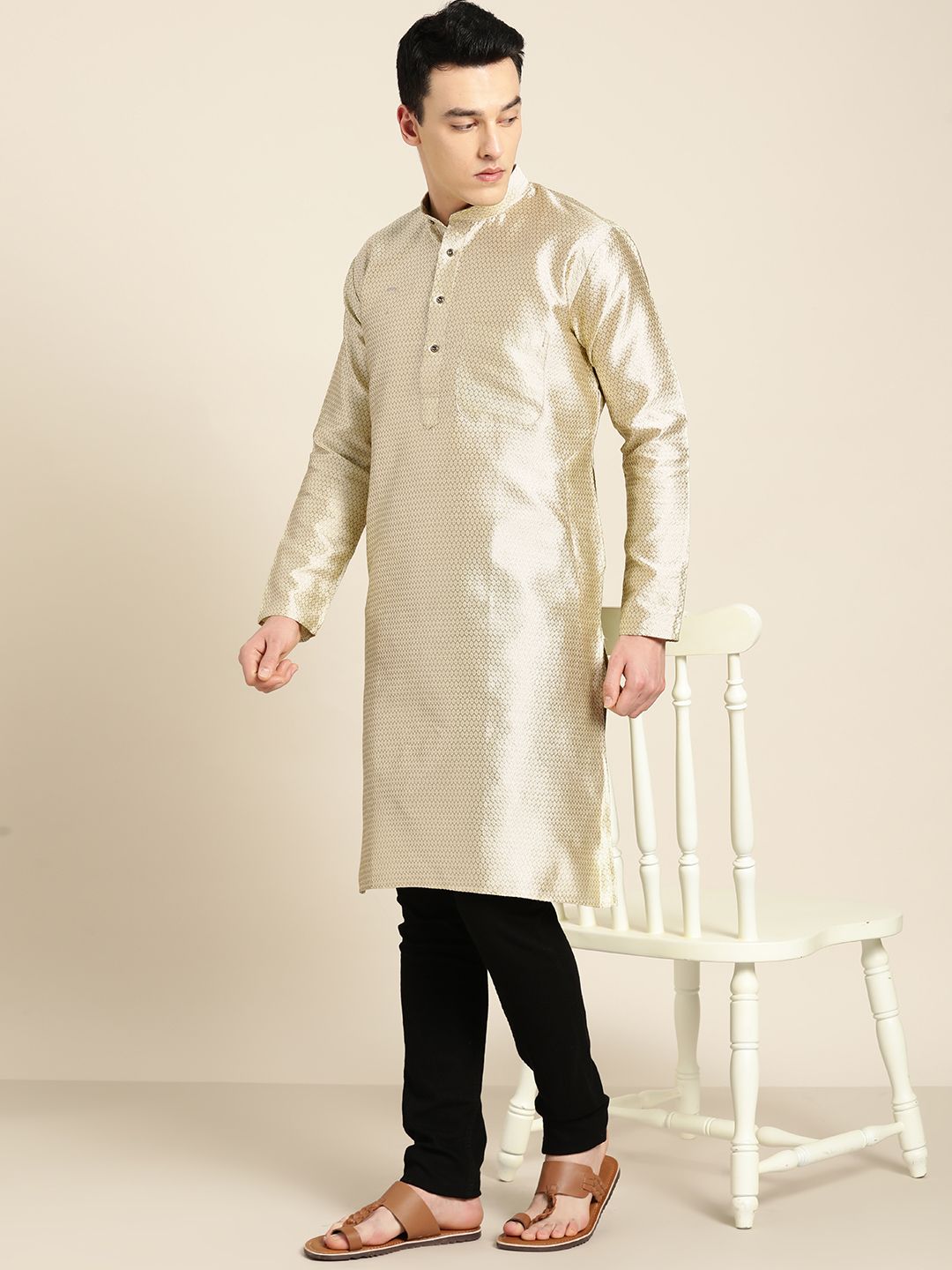 SOJANYA Men Beige Woven Design Straight Kurta