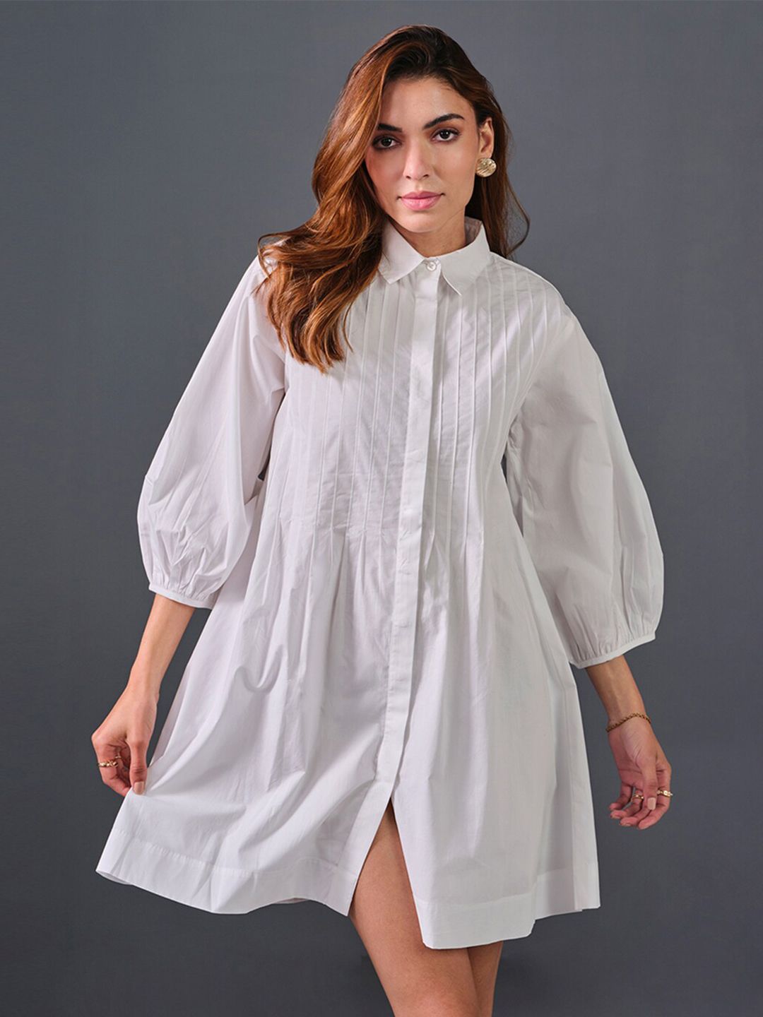 AND Self Design Cuffed Sleeves Cotton Shirt Dress
