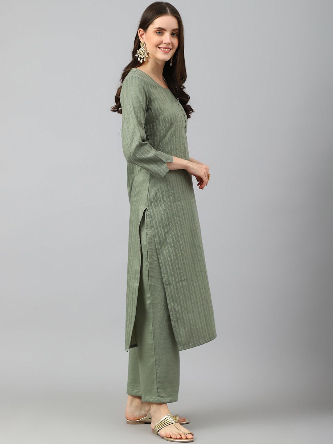 KALINI Striped Round Neck Kurta with Trousers