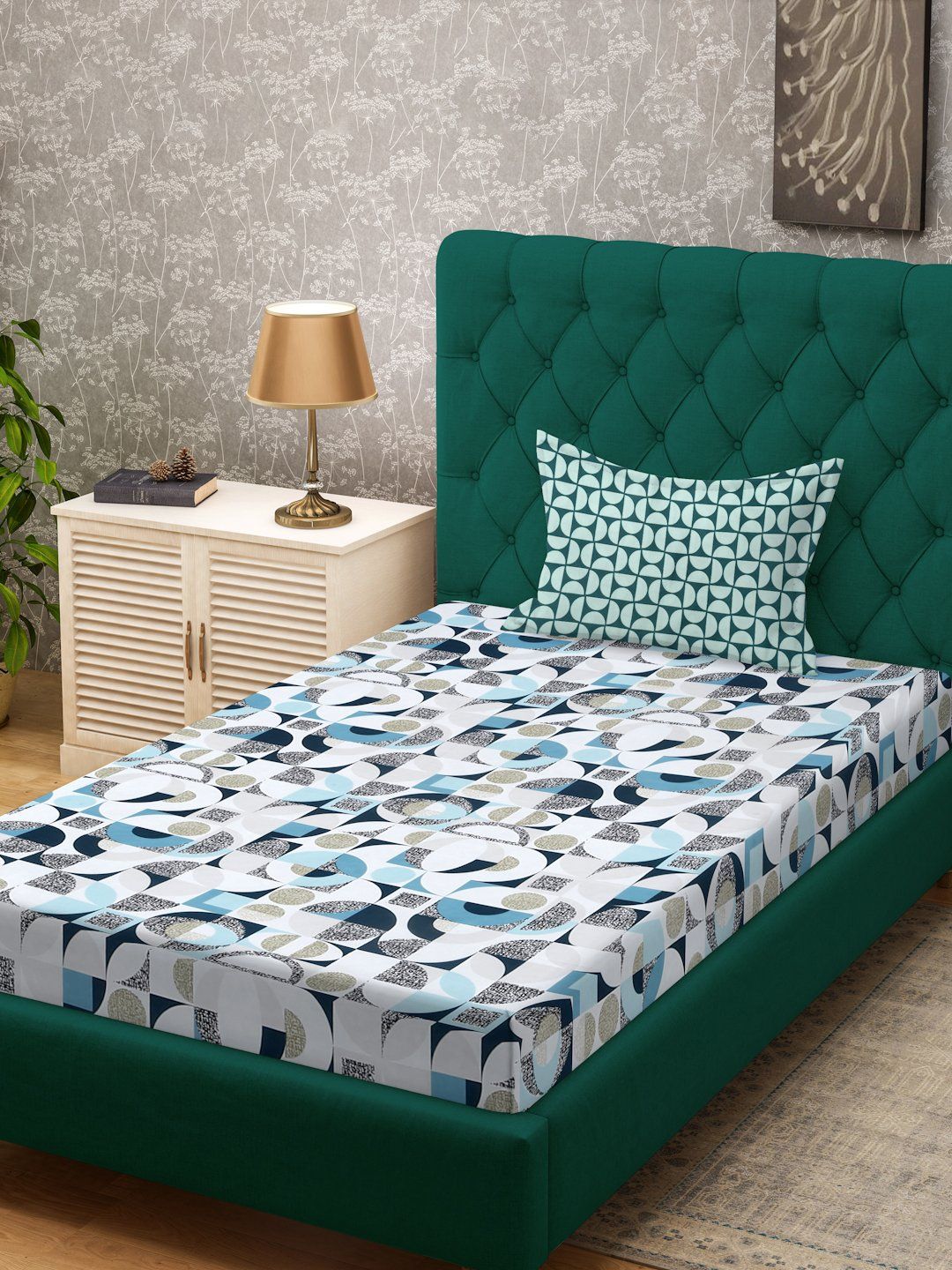 Myntra Elegant Homes White & Blue Geometric 300 TC Single Bedsheet with 1 Pillow Covers