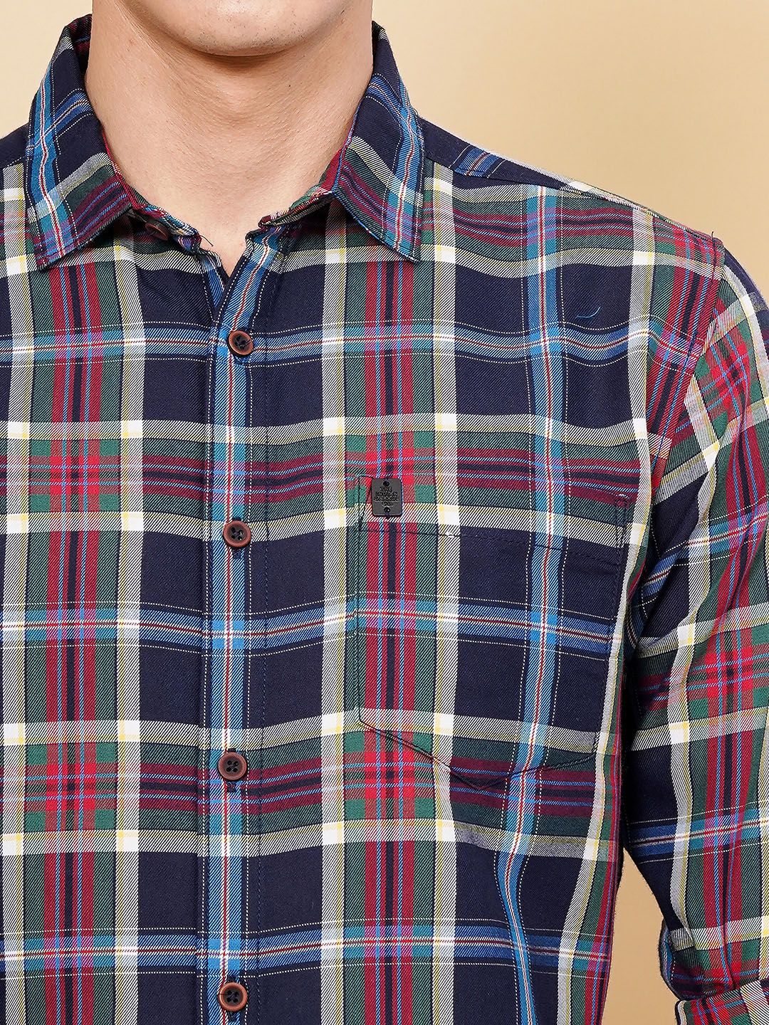 The Indian Garage Co Men Navy Blue & Grey Checked Pure Cotton Casual Shirt